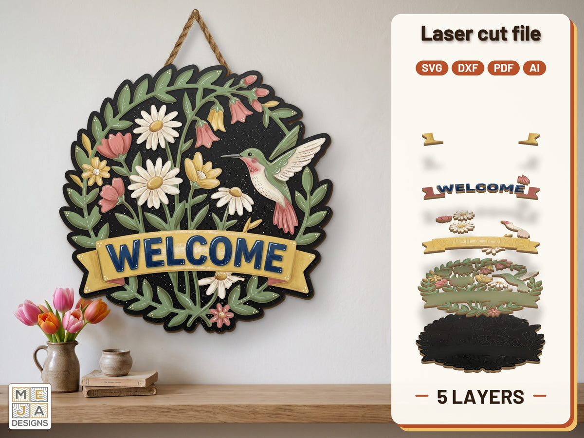 Hummingbird Wildflower Welcome Sign laser cut file: the finished layered piece, hand painted