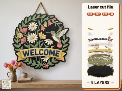 Hummingbird Wildflower Welcome Sign laser cut file: the finished layered piece, hand painted