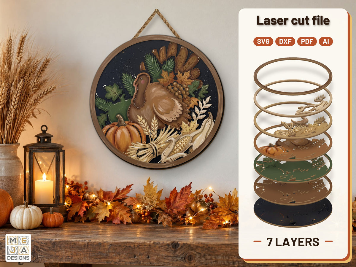 Thanksgiving Harvest Turkey laser cut file: the finished layered piece, hand painted