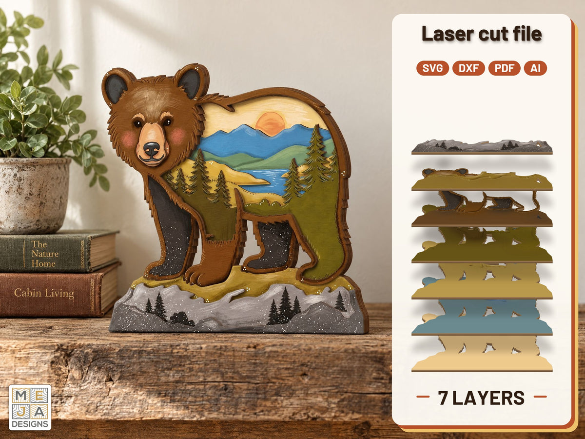 Bear Cub Mountain Sitter laser cut file: the finished layered piece, hand painted