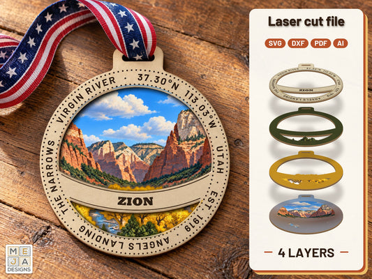 Zion National Park Ornament laser cut file: the finished layered piece, hand painted