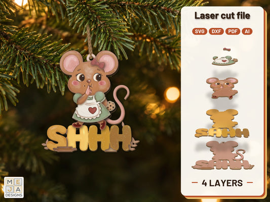 Shhh Kitchen Mouse Ornament laser cut file: the finished layered piece, hand painted