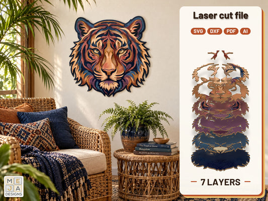 Swirl Tiger Head Sign laser cut file: the finished layered piece, hand painted