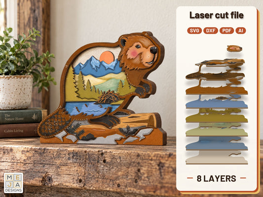 Beaver Pond Shelf Sitter laser cut file: the finished layered piece, hand painted