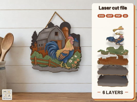 Rooster by the Barn and Silo laser cut file: the finished layered piece, hand painted