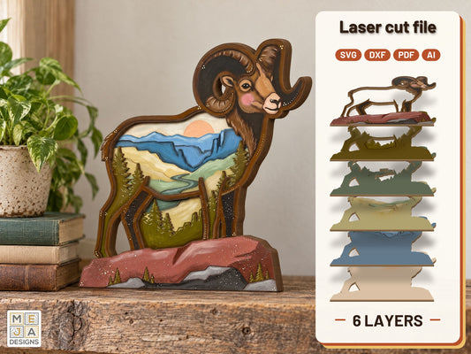 Bighorn Ram Canyon Sitter laser cut file: the finished layered piece, hand painted