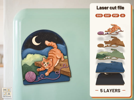Pouncing Cat Yarn Magnet laser cut file: the finished layered piece, hand painted