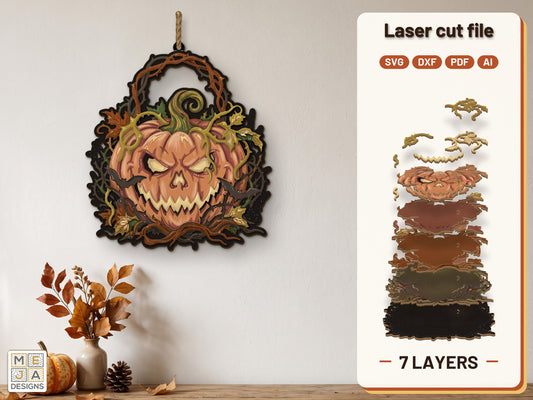 Gnarled Jack-O'-Lantern Hanger laser cut file: the finished layered piece, hand painted