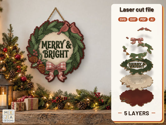 Cardinal Pair Evergreen Wreath laser cut file: the finished layered piece, hand painted