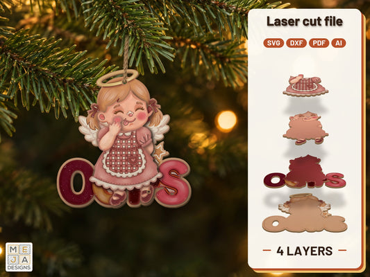 Oops Angel Ornament laser cut file: the finished layered piece, hand painted