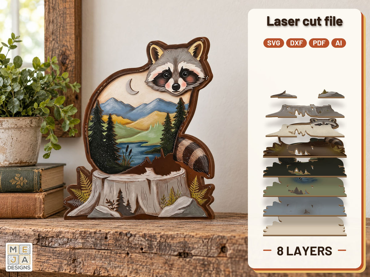Raccoon Creek Shelf Sitter laser cut file: the finished layered piece, hand painted