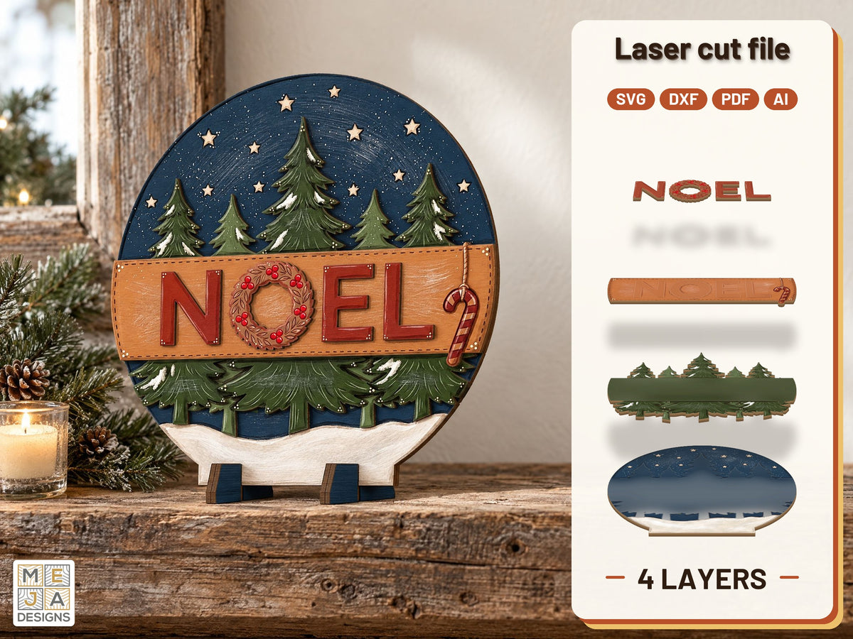 Pine Forest Noel Sign laser cut file: the finished layered piece, hand painted