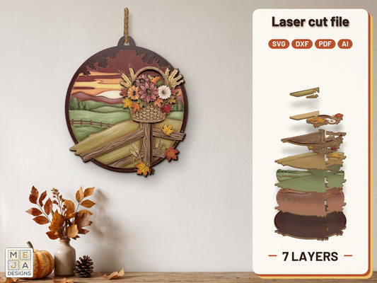 Harvest Basket Sunset Hanger laser cut file: the finished layered piece, hand painted