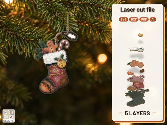 Gingerbread Christmas Stocking Ornament laser cut file: the finished layered piece, hand painted