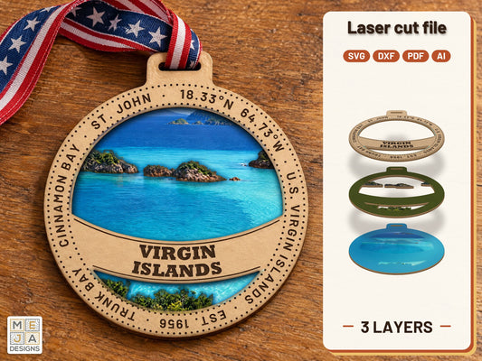 Virgin Islands National Park Ornament laser cut file: the finished layered piece, hand painted