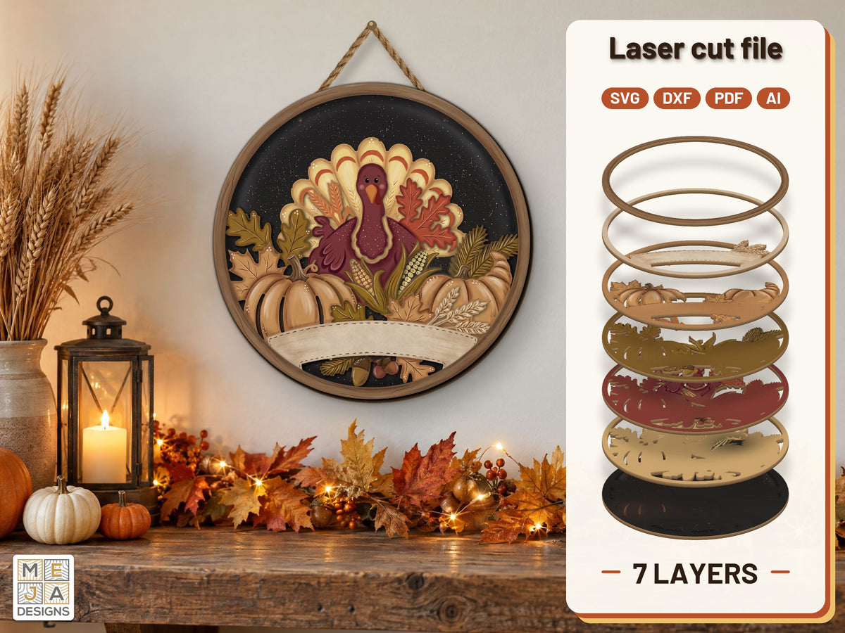 Turkey Pumpkin Patch Round Sign laser cut file: the finished layered piece, hand painted