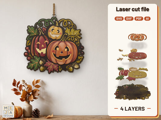 Jack-o'-Lantern Trio Sign laser cut file: the finished layered piece, hand painted