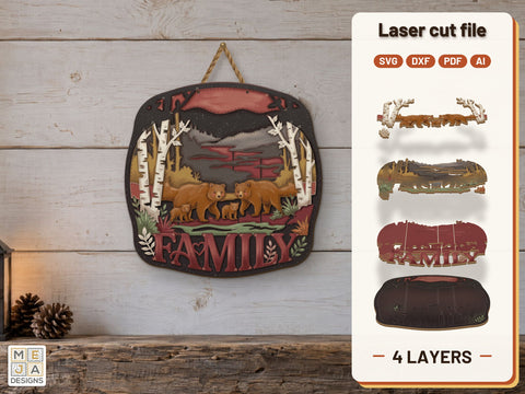 Rustic Bear Family Sign Laser Cut File