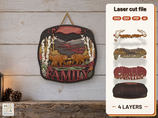 Rustic Bear Family Sign laser cut file: the finished layered piece, hand painted