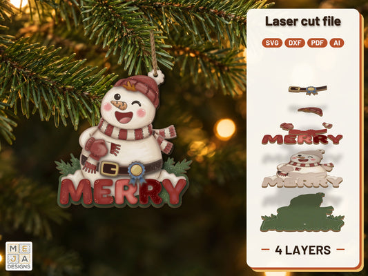Wobbles Snowman Merry Ornament laser cut file: the finished layered piece, hand painted
