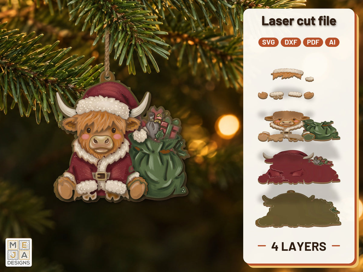 Highland Cow Santa Ornament laser cut file: the finished layered piece, hand painted