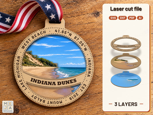 Indiana Dunes National Park Ornament laser cut file: the finished layered piece, hand painted