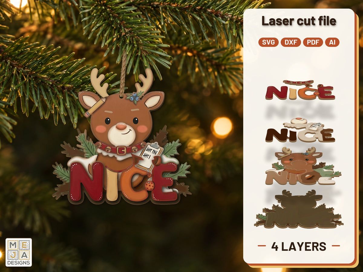 Nice List Reindeer Ornament laser cut file: the finished layered piece, hand painted