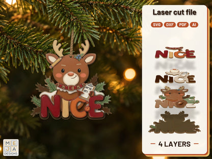 Nice List Reindeer Ornament laser cut file: the finished layered piece, hand painted