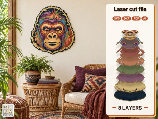 Swirl Gorilla Face Sign laser cut file: the finished layered piece, hand painted