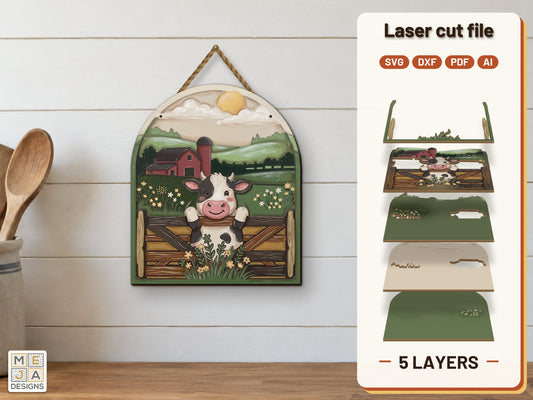 Cow Over Farm Gate laser cut file: the finished layered piece, hand painted