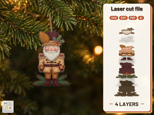 Woodland Nutcracker Ornament laser cut file: the finished layered piece, hand painted