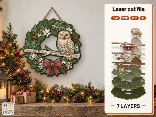 Snowy Owl Winter Wreath laser cut file: the finished layered piece, hand painted
