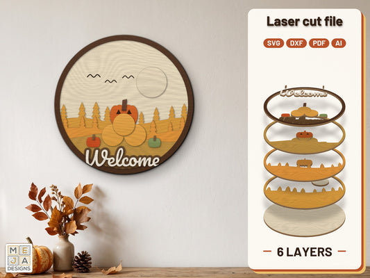 Harvest Pumpkin Door Hanger laser cut file: the finished layered piece, hand painted
