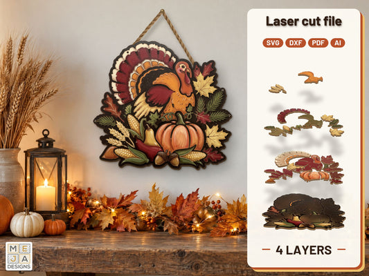 Harvest Turkey and Maple Leaves laser cut file: the finished layered piece, hand painted