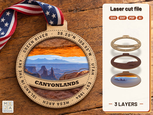 Canyonlands National Park Ornament laser cut file: the finished layered piece, hand painted