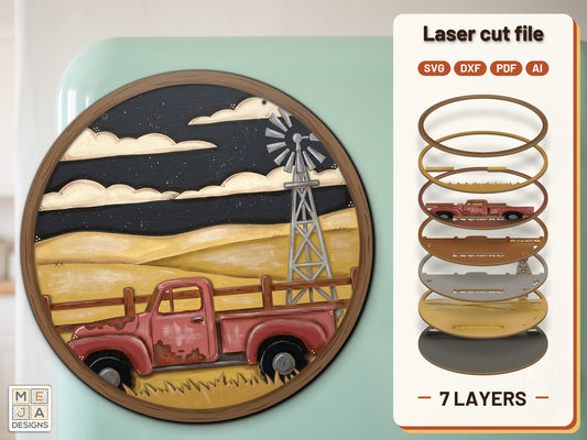 Rusty Prairie Pickup Magnet laser cut file: the finished layered piece, hand painted