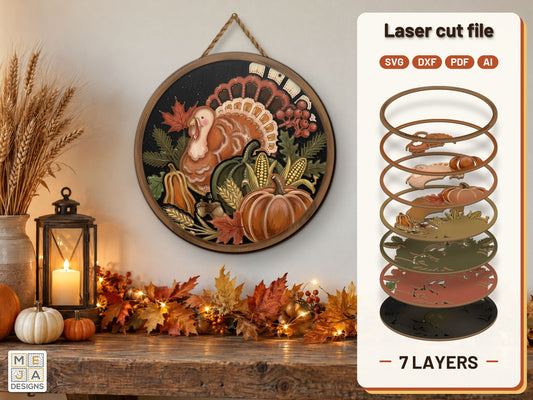 Harvest Turkey Round Frame Sign laser cut file: the finished layered piece, hand painted
