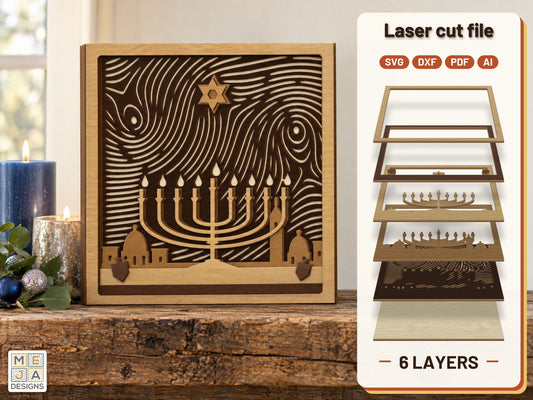 Hanukkah Menorah Layered Scene laser cut file: the finished layered piece, hand painted