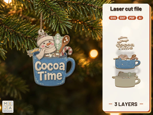 Cocoa Time Snowman Ornament laser cut file: the finished layered piece, hand painted