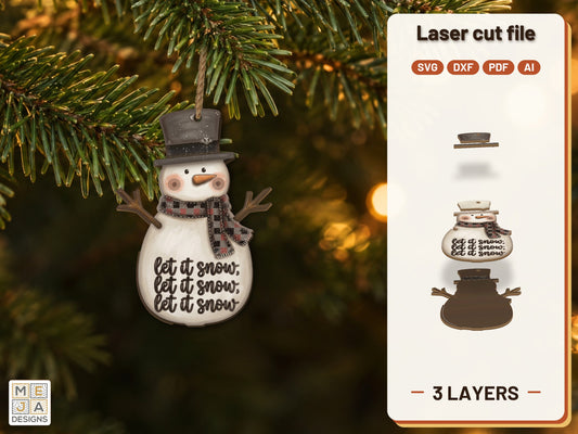 Let It Snow Snowman Ornament laser cut file: the finished layered piece, hand painted