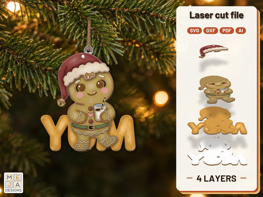 Gingerbread YUM Ornament laser cut file: the finished layered piece, hand painted