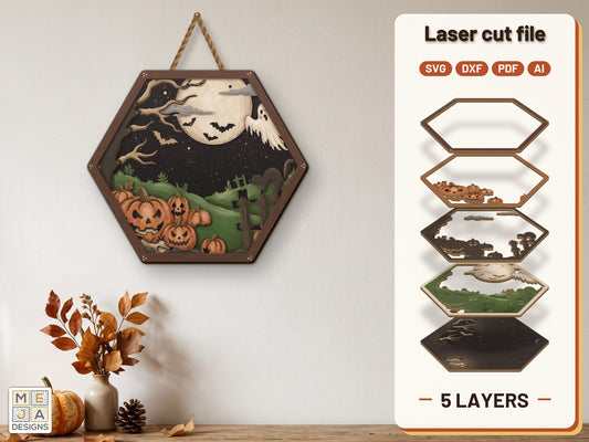 Halloween Pumpkin Patch laser cut file: the finished layered piece, hand painted