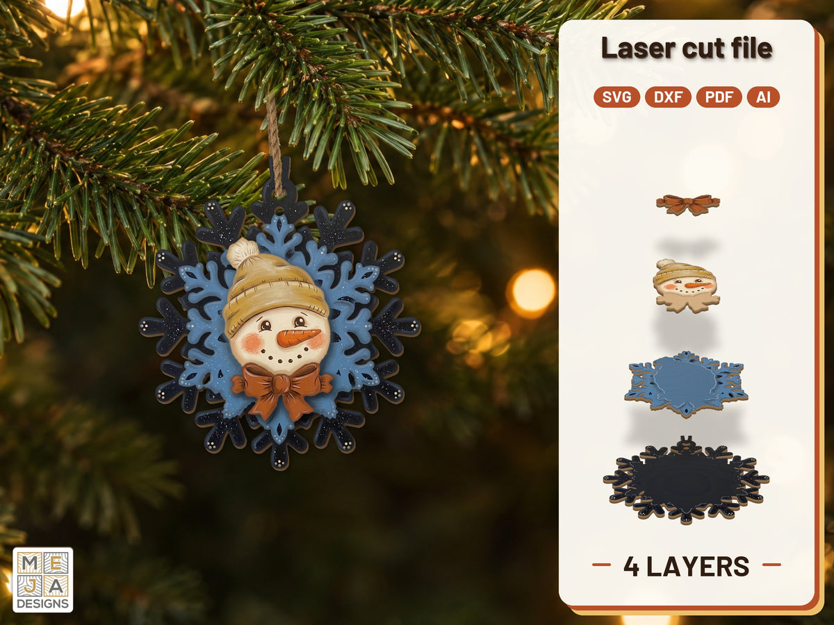 Snowman Snowflake Ornament laser cut file: the finished layered piece, hand painted