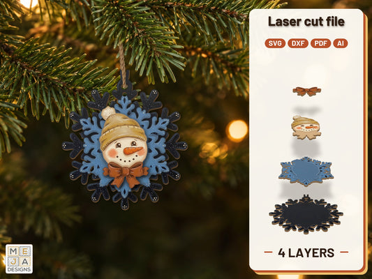 Snowman Snowflake Ornament laser cut file: the finished layered piece, hand painted