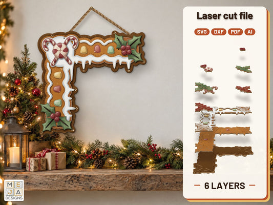 Gingerbread Christmas Door Corner laser cut file: the finished layered piece, hand painted