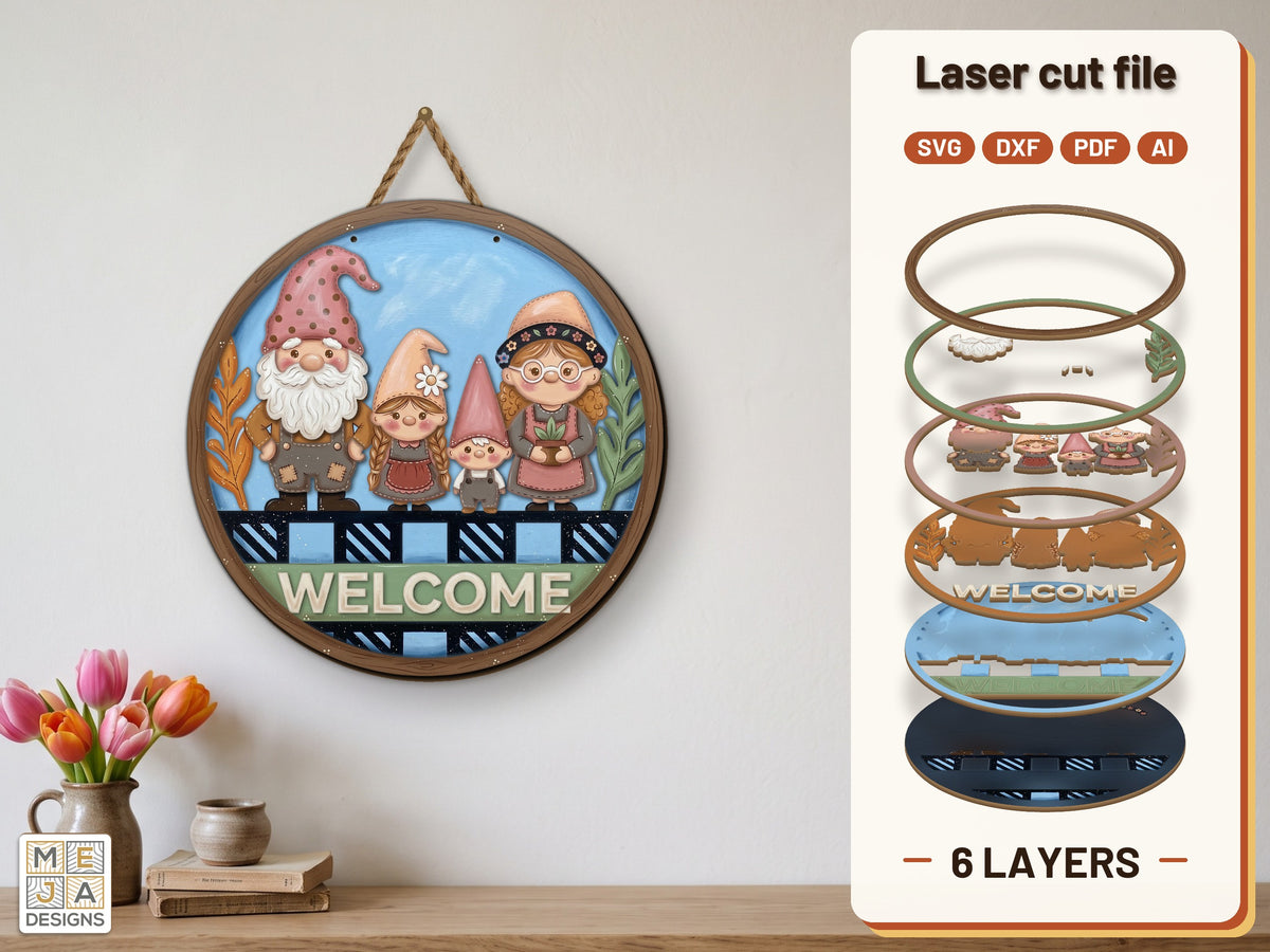 Gnome Family Welcome Sign laser cut file: the finished layered piece, hand painted
