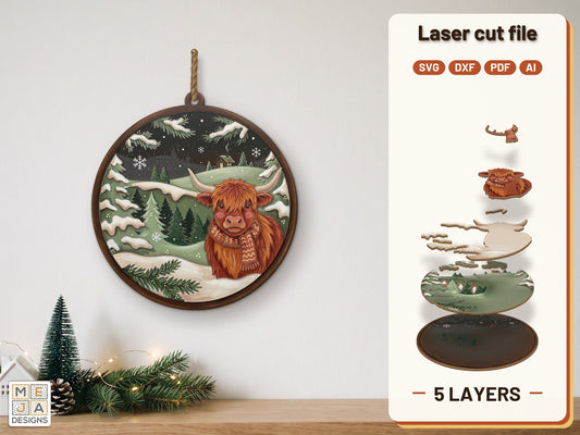 Highland Cow Winter Hanger laser cut file: the finished layered piece, hand painted
