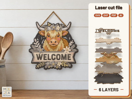 Blue Highland Cow Welcome Sign laser cut file: the finished layered piece, hand painted