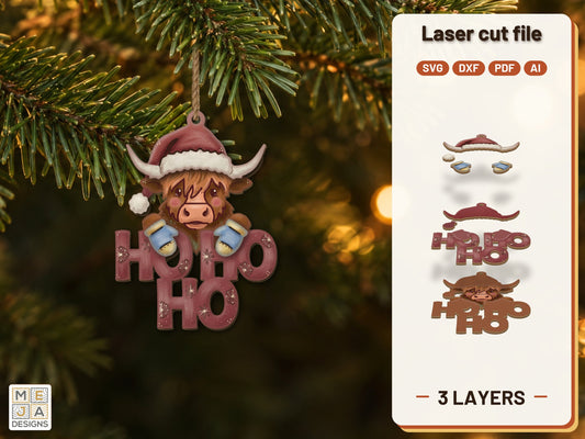 Highland Cow Ho Ho Ho Ornament laser cut file: the finished layered piece, hand painted