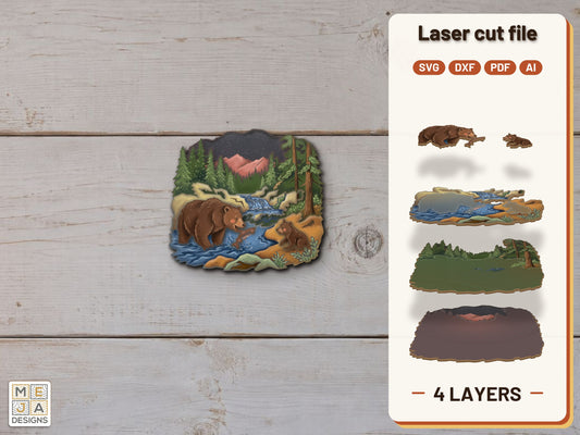 Momma Bear and Cub laser cut file: the finished layered piece, hand painted